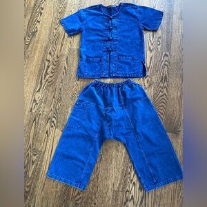 Blue Two-Piece Northern Thai - Button Front Top & Elastic Waist Pants